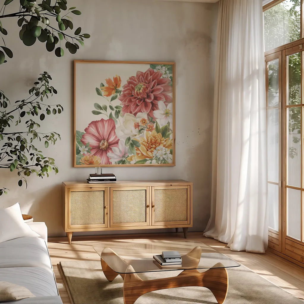 Amber Blossoms IV by Leslie Trimbach. Shown in a natural wood frame in a cozy modern living room. Available as an archival giclee rolled canvas, fine art paper, or poster print. SKU 99303a.