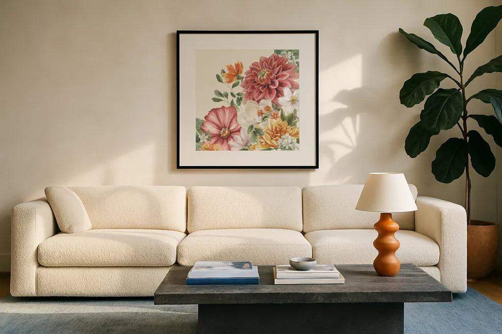 Amber Blossoms IV by Leslie Trimbach. Displayed in a glass frame with matte in a clean modern living room. Available as an archival giclee rolled canvas, fine art paper, or poster print. SKU 99303a.