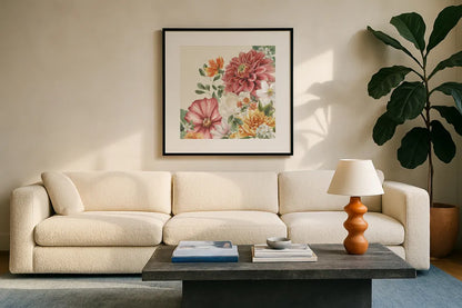 Amber Blossoms IV by Leslie Trimbach. Displayed in a glass frame with matte in a clean modern living room. Available as an archival giclee rolled canvas, fine art paper, or poster print. SKU 99303a.