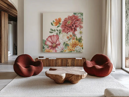 Amber Blossoms IV by Leslie Trimbach. Shown as extra-large giant wall art in a modern living room. Available as an archival giclee rolled canvas, fine art paper, or poster print. SKU 99303a.