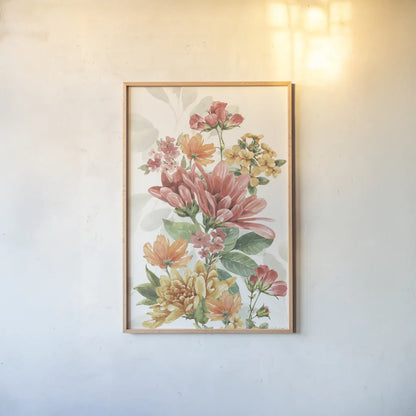 Amber Blossoms V by Leslie Trimbach. shown as a paper print in a natural frame. Available as a archival giclee rolled canvas, fine art paper, or poster print. SKU 99304h.