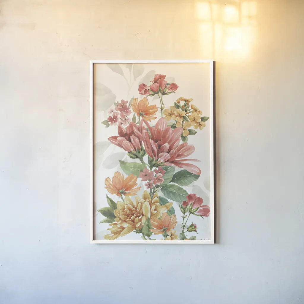 Amber Blossoms V by Leslie Trimbach. shown as a paper print in a white frame. Available as a archival giclee rolled canvas, fine art paper, or poster print. SKU 99304h.