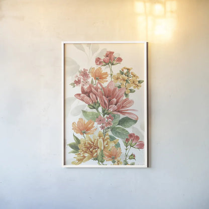 Amber Blossoms V by Leslie Trimbach. shown as a paper print in a white frame. Available as a archival giclee rolled canvas, fine art paper, or poster print. SKU 99304h.