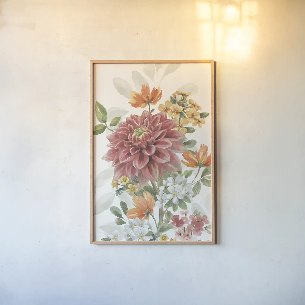 Amber Blossoms VI by Leslie Trimbach. shown as a paper print in a natural frame. Available as a archival giclee rolled canvas, fine art paper, or poster print. SKU 99305h.
