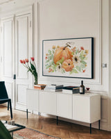 Autumn Breeze I by Leslie Trimbach. shown as a framed stretched canvas in a living room above a console. Available as a archival giclee rolled canvas, fine art paper, or poster print. SKU 84499i.