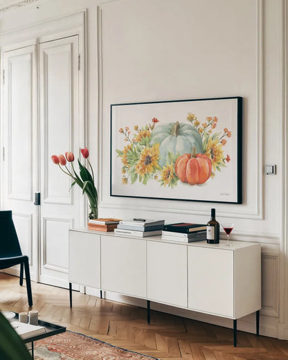 Autumn Breeze II by Leslie Trimbach. shown as a framed stretched canvas in a living room above a console. Available as a archival giclee rolled canvas, fine art paper, or poster print. SKU 84500i.