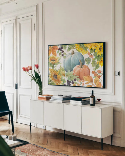 Autumn Breeze IV by Leslie Trimbach. shown as a framed stretched canvas in a living room above a console. Available as a archival giclee rolled canvas, fine art paper, or poster print. SKU 84502i.