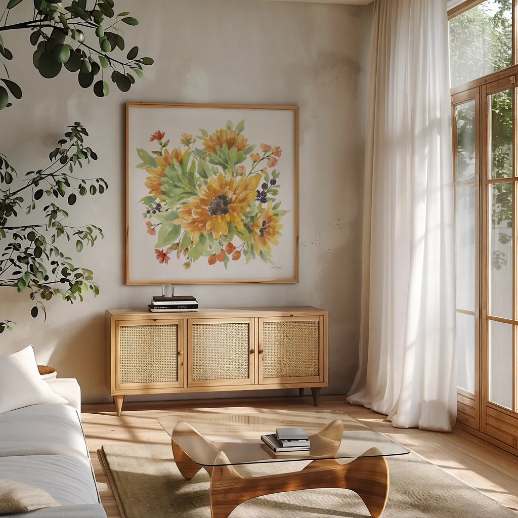 Autumn Breeze V by Leslie Trimbach. Shown in a natural wood frame in a cozy modern living room. Available as an archival giclee rolled canvas, fine art paper, or poster print. SKU 84503a.