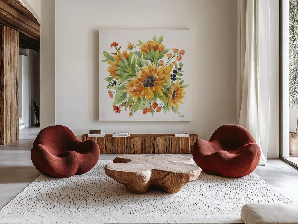 Autumn Breeze V by Leslie Trimbach. Shown as extra-large giant wall art in a modern living room. Available as an archival giclee rolled canvas, fine art paper, or poster print. SKU 84503a.