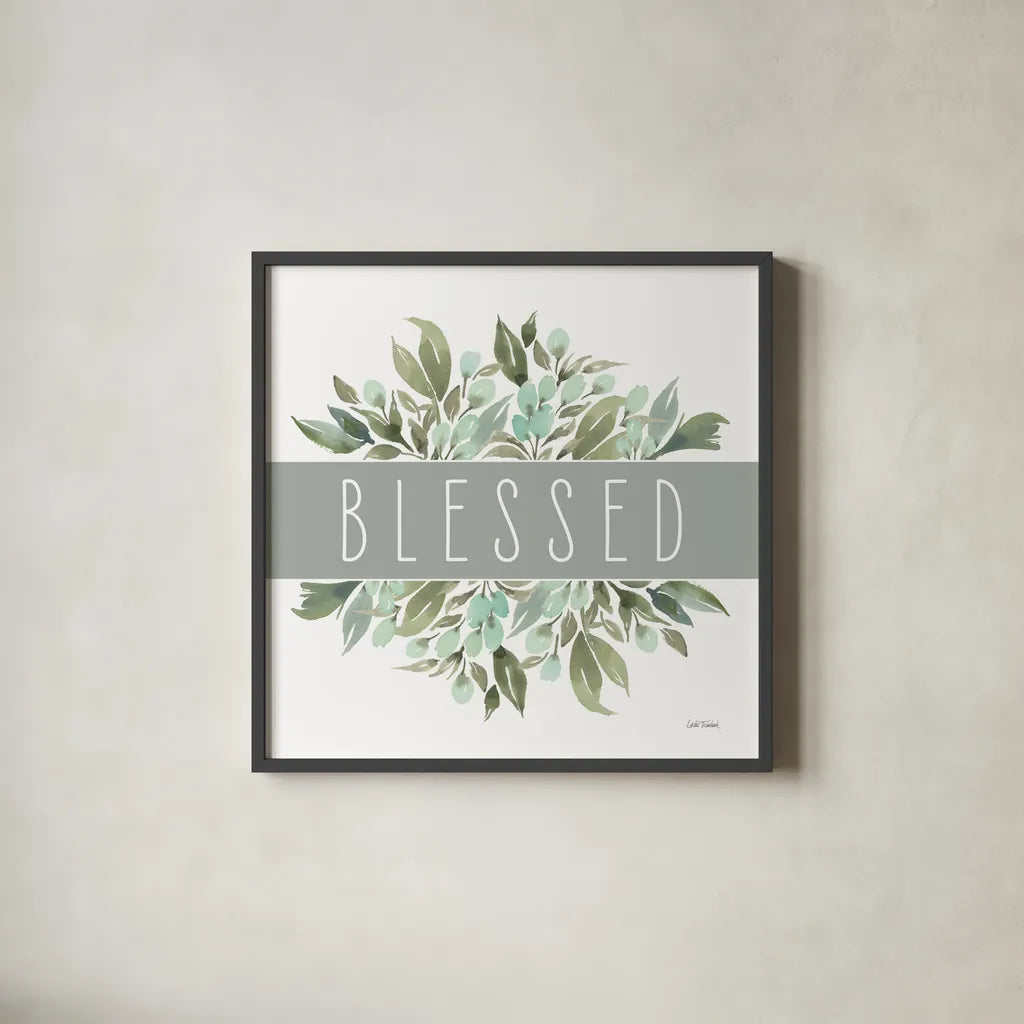 Blessed by Leslie Trimbach. Shown in a sleek black glass frame for a contemporary gallery look. Available as an archival giclee rolled canvas, fine art paper, or poster print. SKU 89225a.