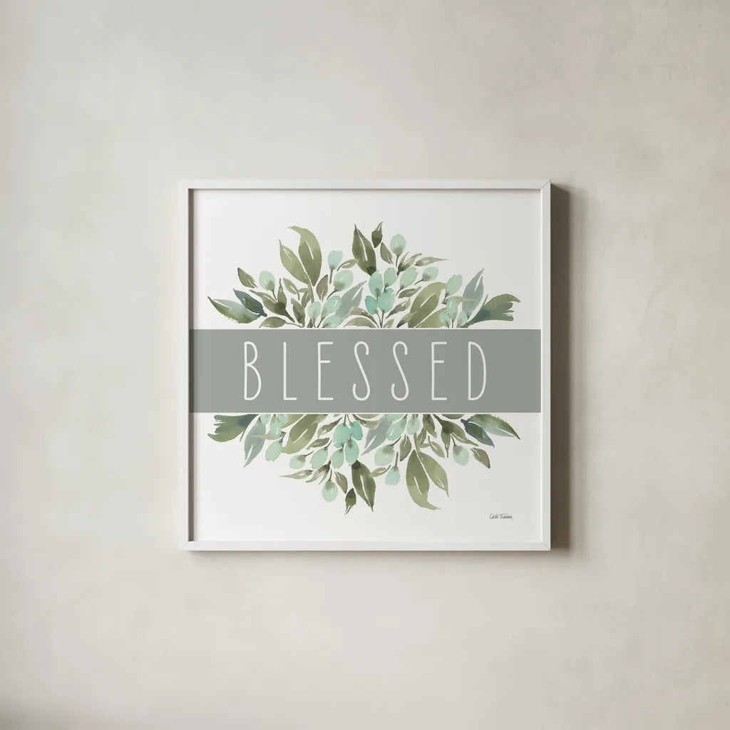 Blessed by Leslie Trimbach. Shown in a crisp white glass frame for a clean and minimalist style. Available as an archival giclee rolled canvas, fine art paper, or poster print. SKU 89225a.