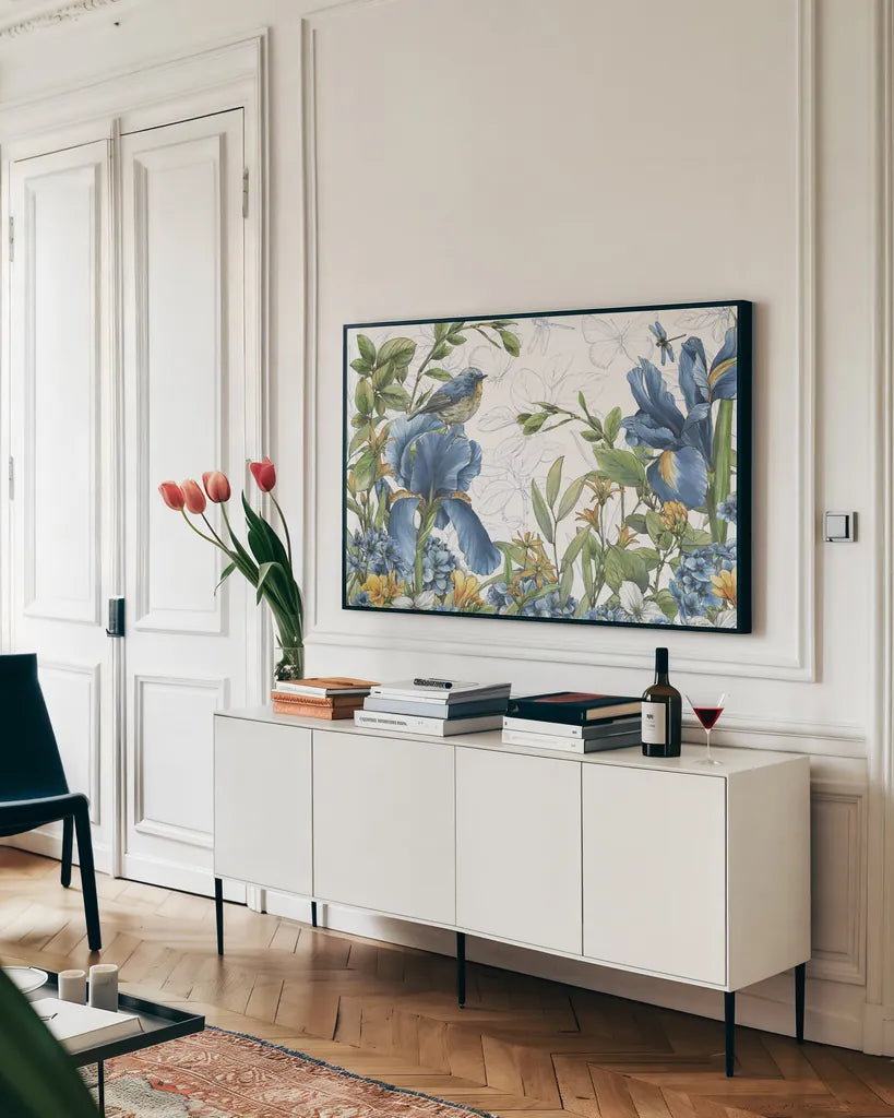 Blue Botanica I by Leslie Trimbach. shown as a framed stretched canvas in a living room above a console. Available as a archival giclee rolled canvas, fine art paper, or poster print. SKU 100414i.