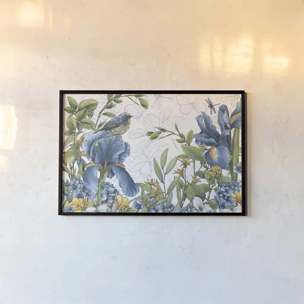 Blue Botanica I by Leslie Trimbach. shown as a paper print in a black flame. Available as a archival giclee rolled canvas, fine art paper, or poster print. SKU 100414i.