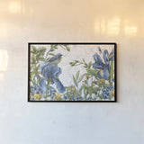 Blue Botanica I by Leslie Trimbach. shown as a paper print in a black flame. Available as a archival giclee rolled canvas, fine art paper, or poster print. SKU 100414i.