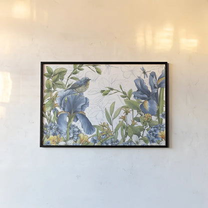 Blue Botanica I by Leslie Trimbach. shown as a paper print in a black flame. Available as a archival giclee rolled canvas, fine art paper, or poster print. SKU 100414i.