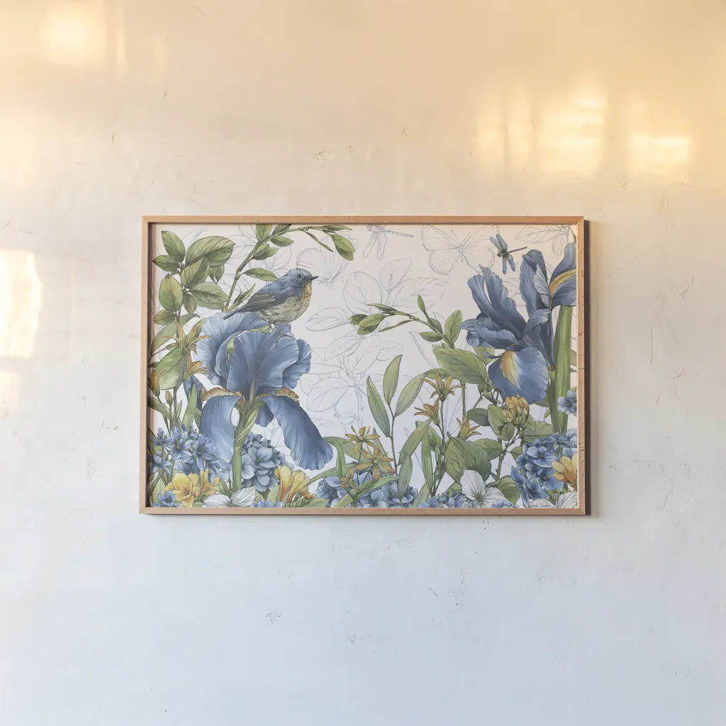 Blue Botanica I by Leslie Trimbach. shown as a paper print in a natural frame. Available as a archival giclee rolled canvas, fine art paper, or poster print. SKU 100414i.