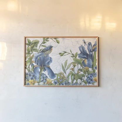 Blue Botanica I by Leslie Trimbach. shown as a paper print in a natural frame. Available as a archival giclee rolled canvas, fine art paper, or poster print. SKU 100414i.