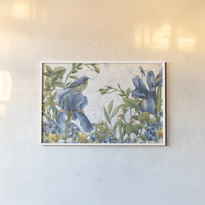Blue Botanica I by Leslie Trimbach. shown as a paper print in a white frame. Available as a archival giclee rolled canvas, fine art paper, or poster print. SKU 100414i.