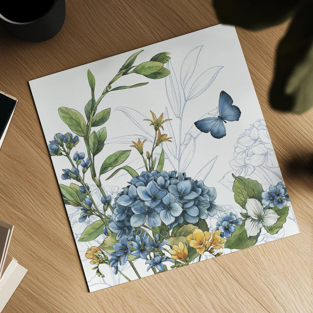 Blue Botanica II by Leslie Trimbach. Shown as a detailed flat fine art print, highlighting archival giclee quality. Available as an archival giclee rolled canvas, fine art paper, or poster print. SKU 100415a.