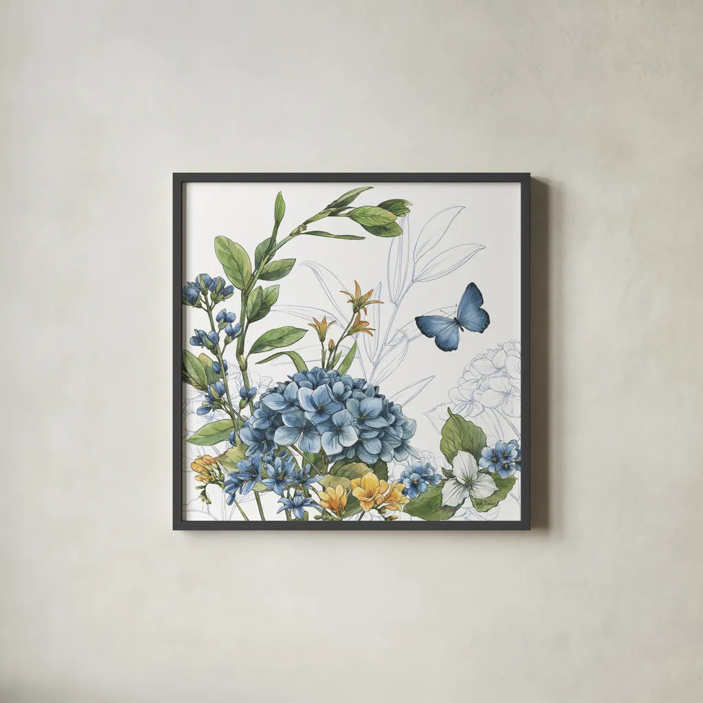 Blue Botanica II by Leslie Trimbach. Shown in a sleek black glass frame for a contemporary gallery look. Available as an archival giclee rolled canvas, fine art paper, or poster print. SKU 100415a.