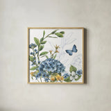Blue Botanica II by Leslie Trimbach. Shown in a natural wood glass frame for a timeless modern aesthetic. Available as an archival giclee rolled canvas, fine art paper, or poster print. SKU 100415a.