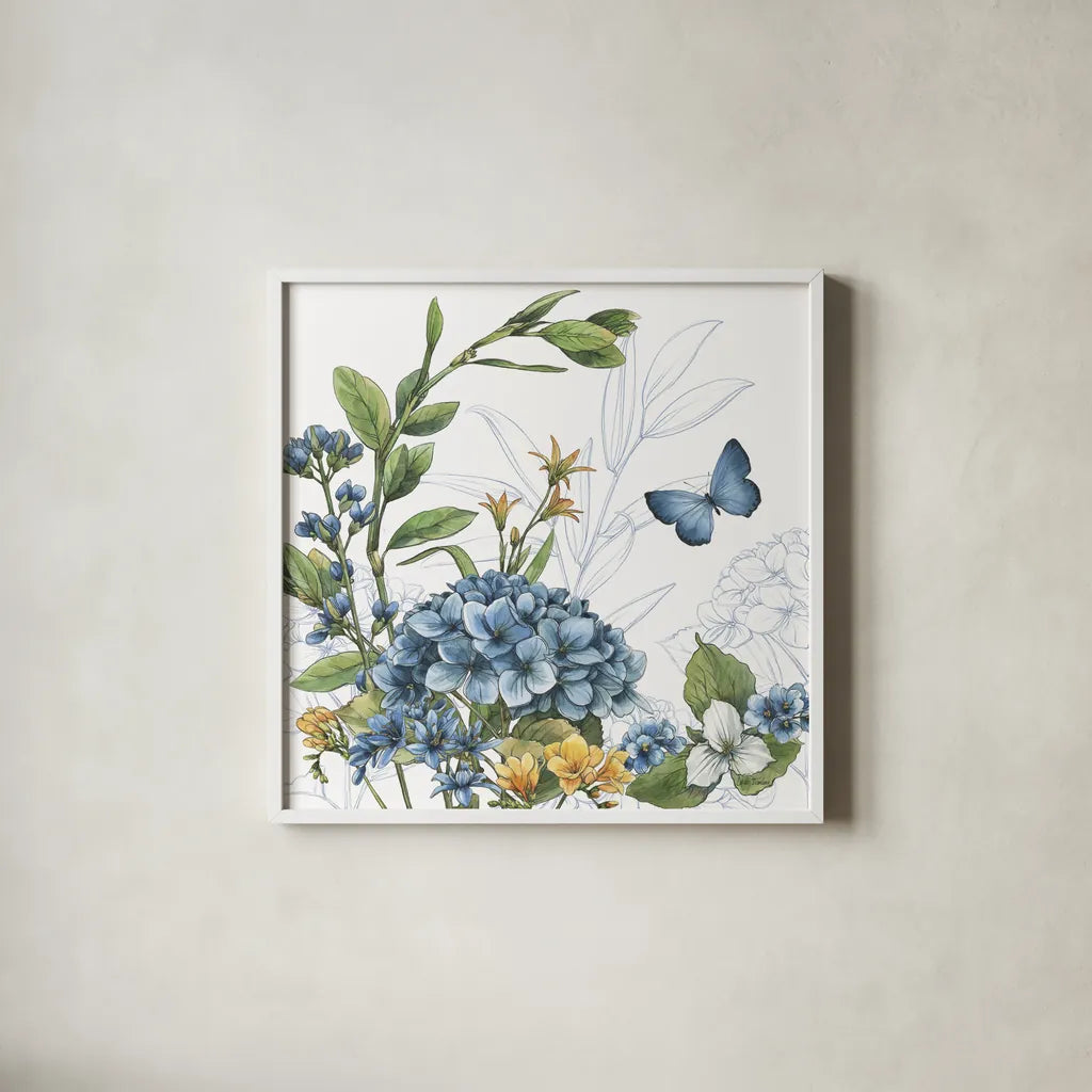 Blue Botanica II by Leslie Trimbach. Shown in a crisp white glass frame for a clean and minimalist style. Available as an archival giclee rolled canvas, fine art paper, or poster print. SKU 100415a.