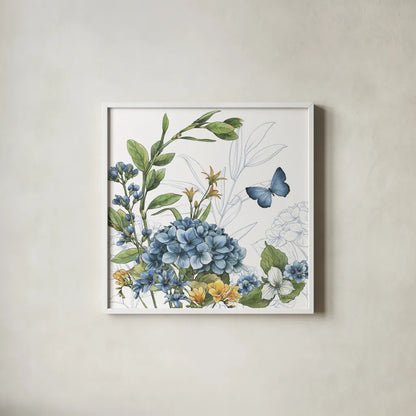 Blue Botanica II by Leslie Trimbach. Shown in a crisp white glass frame for a clean and minimalist style. Available as an archival giclee rolled canvas, fine art paper, or poster print. SKU 100415a.