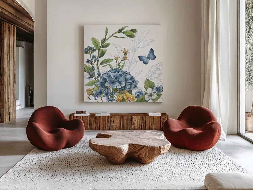 Blue Botanica II by Leslie Trimbach. Shown as extra-large giant wall art in a modern living room. Available as an archival giclee rolled canvas, fine art paper, or poster print. SKU 100415a.