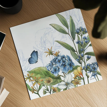 Blue Botanica III by Leslie Trimbach. Shown as a detailed flat fine art print, highlighting archival giclee quality. Available as an archival giclee rolled canvas, fine art paper, or poster print. SKU 100416a.