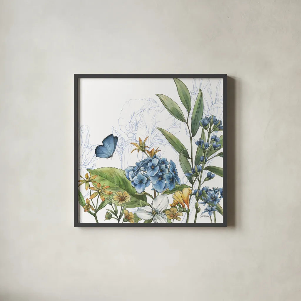 Blue Botanica III by Leslie Trimbach. Shown in a sleek black glass frame for a contemporary gallery look. Available as an archival giclee rolled canvas, fine art paper, or poster print. SKU 100416a.