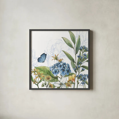 Blue Botanica III by Leslie Trimbach. Shown in a sleek black glass frame for a contemporary gallery look. Available as an archival giclee rolled canvas, fine art paper, or poster print. SKU 100416a.