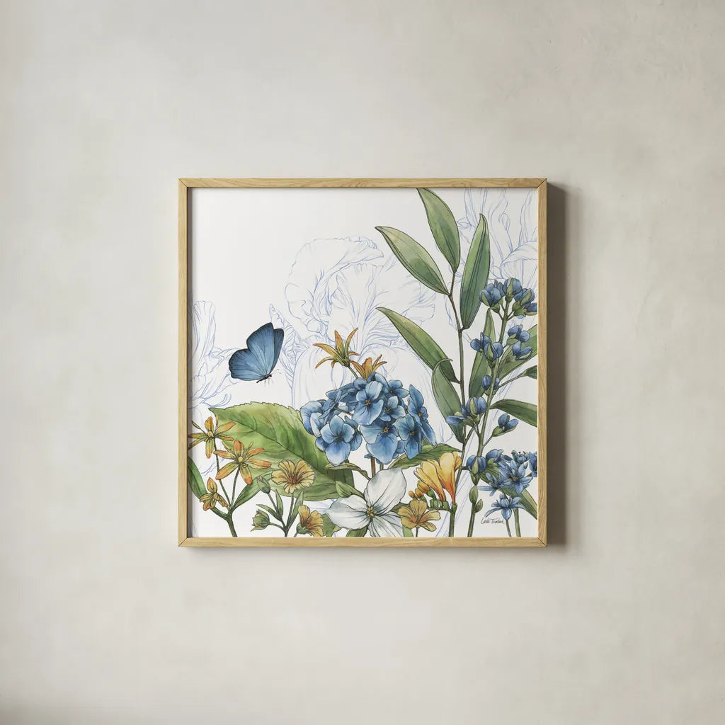 Blue Botanica III by Leslie Trimbach. Shown in a natural wood glass frame for a timeless modern aesthetic. Available as an archival giclee rolled canvas, fine art paper, or poster print. SKU 100416a.