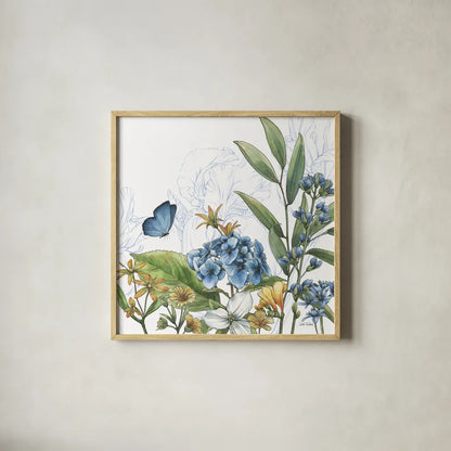 Blue Botanica III by Leslie Trimbach. Shown in a natural wood glass frame for a timeless modern aesthetic. Available as an archival giclee rolled canvas, fine art paper, or poster print. SKU 100416a.