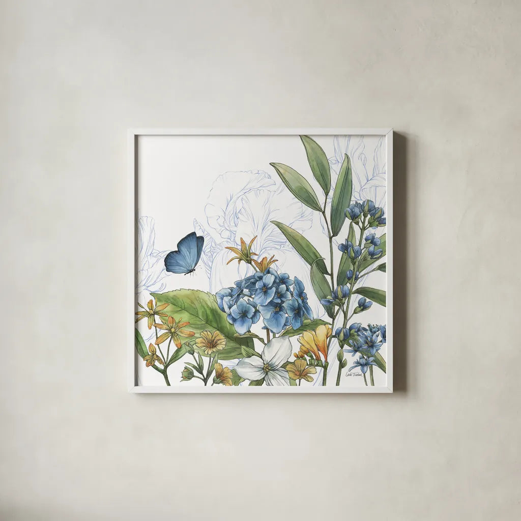 Blue Botanica III by Leslie Trimbach. Shown in a crisp white glass frame for a clean and minimalist style. Available as an archival giclee rolled canvas, fine art paper, or poster print. SKU 100416a.