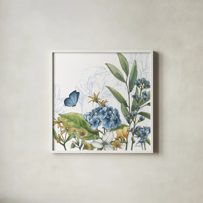 Blue Botanica III by Leslie Trimbach. Shown in a crisp white glass frame for a clean and minimalist style. Available as an archival giclee rolled canvas, fine art paper, or poster print. SKU 100416a.