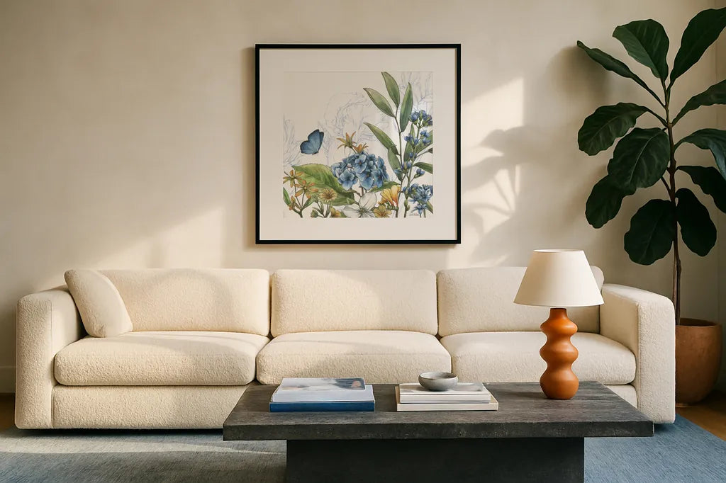 Blue Botanica III by Leslie Trimbach. Displayed in a glass frame with matte in a clean modern living room. Available as an archival giclee rolled canvas, fine art paper, or poster print. SKU 100416a.