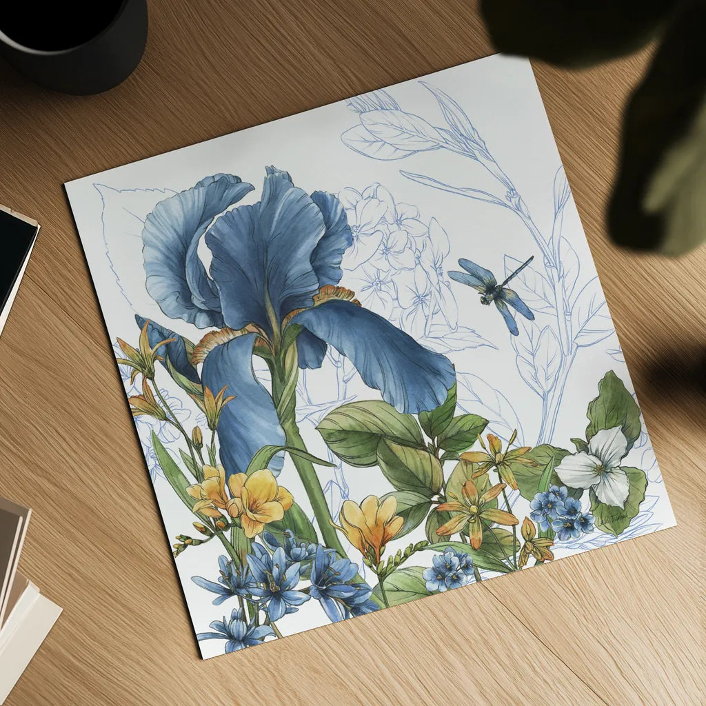 Blue Botanica IV by Leslie Trimbach. Shown as a detailed flat fine art print, highlighting archival giclee quality. Available as an archival giclee rolled canvas, fine art paper, or poster print. SKU 100417a.