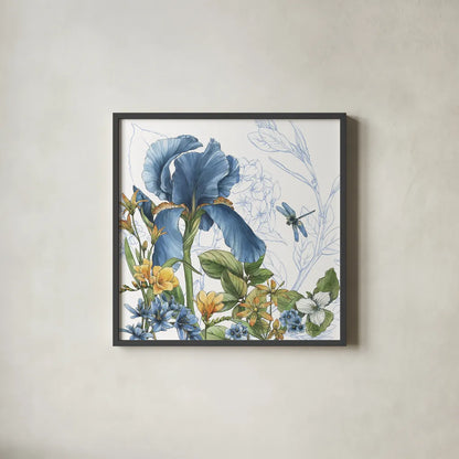 Blue Botanica IV by Leslie Trimbach. Shown in a sleek black glass frame for a contemporary gallery look. Available as an archival giclee rolled canvas, fine art paper, or poster print. SKU 100417a.