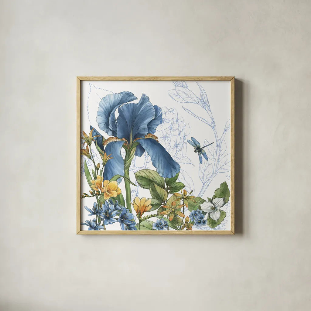 Blue Botanica IV by Leslie Trimbach. Shown in a natural wood glass frame for a timeless modern aesthetic. Available as an archival giclee rolled canvas, fine art paper, or poster print. SKU 100417a.