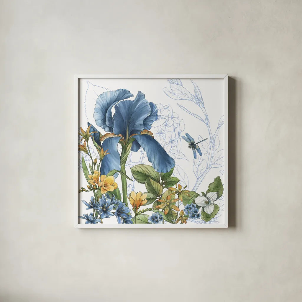 Blue Botanica IV by Leslie Trimbach. Shown in a crisp white glass frame for a clean and minimalist style. Available as an archival giclee rolled canvas, fine art paper, or poster print. SKU 100417a.