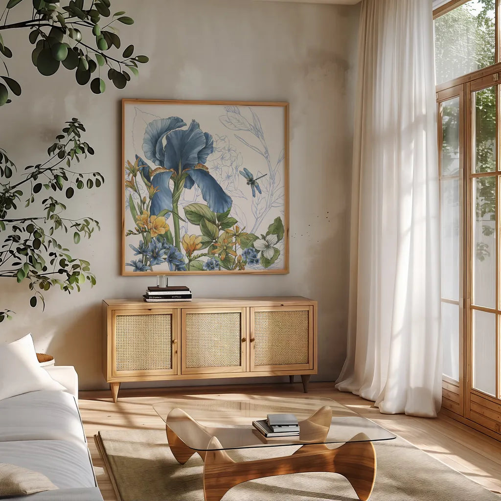 Blue Botanica IV by Leslie Trimbach. Shown in a natural wood frame in a cozy modern living room. Available as an archival giclee rolled canvas, fine art paper, or poster print. SKU 100417a.