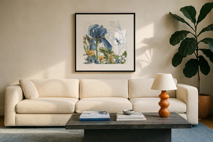 Blue Botanica IV by Leslie Trimbach. Displayed in a glass frame with matte in a clean modern living room. Available as an archival giclee rolled canvas, fine art paper, or poster print. SKU 100417a.