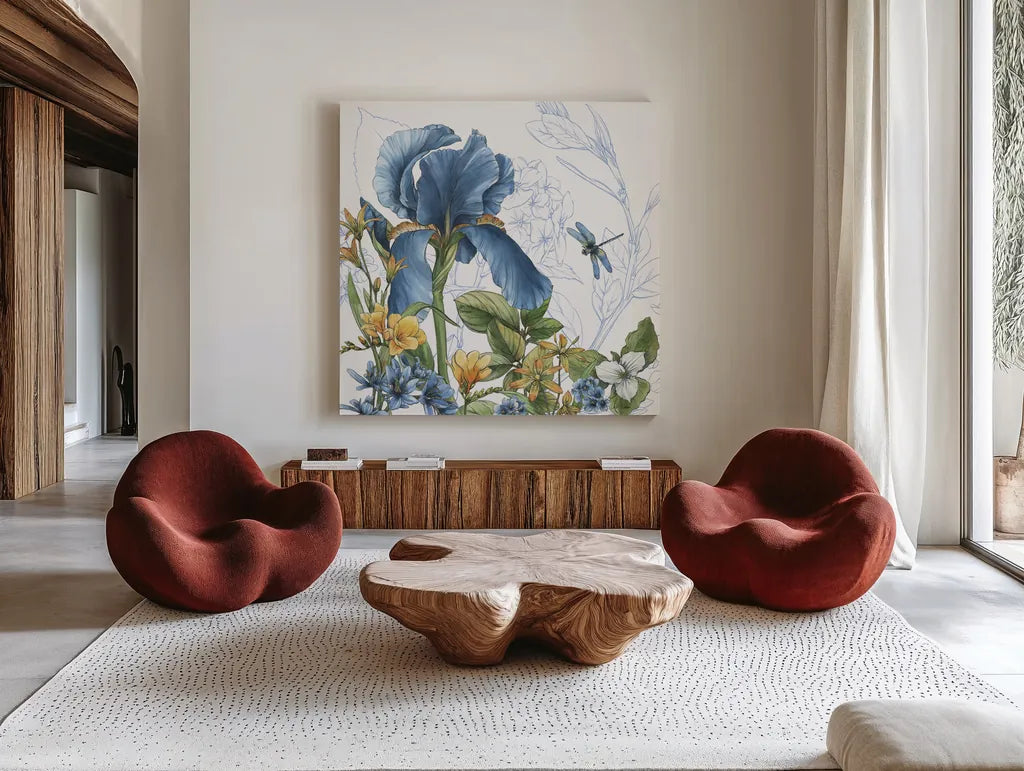 Blue Botanica IV by Leslie Trimbach. Shown as extra-large giant wall art in a modern living room. Available as an archival giclee rolled canvas, fine art paper, or poster print. SKU 100417a.