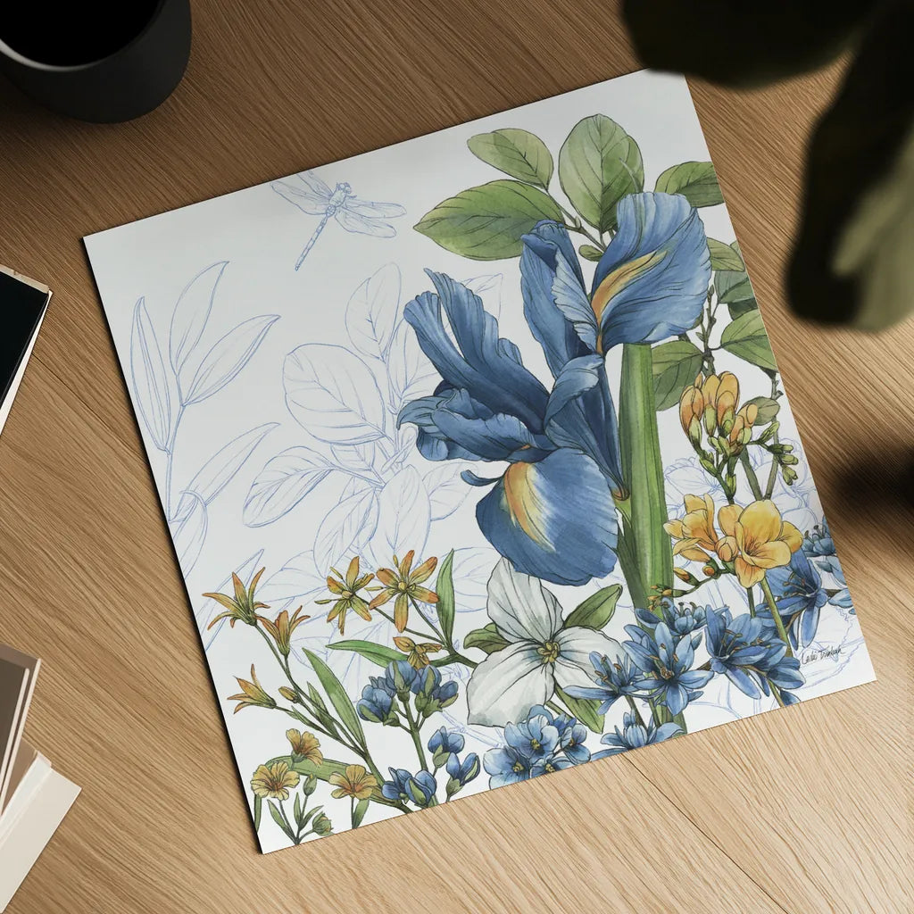 Blue Botanica V by Leslie Trimbach. Shown as a detailed flat fine art print, highlighting archival giclee quality. Available as an archival giclee rolled canvas, fine art paper, or poster print. SKU 100418a.
