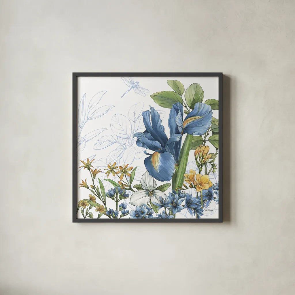 Blue Botanica V by Leslie Trimbach. Shown in a sleek black glass frame for a contemporary gallery look. Available as an archival giclee rolled canvas, fine art paper, or poster print. SKU 100418a.