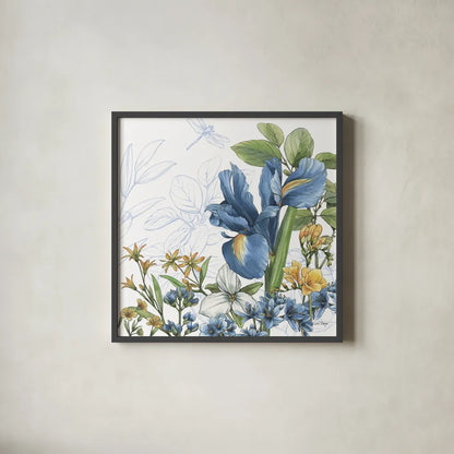Blue Botanica V by Leslie Trimbach. Shown in a sleek black glass frame for a contemporary gallery look. Available as an archival giclee rolled canvas, fine art paper, or poster print. SKU 100418a.