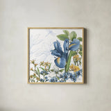 Blue Botanica V by Leslie Trimbach. Shown in a natural wood glass frame for a timeless modern aesthetic. Available as an archival giclee rolled canvas, fine art paper, or poster print. SKU 100418a.