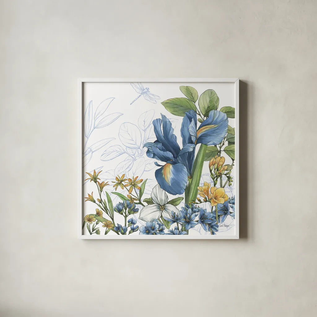 Blue Botanica V by Leslie Trimbach. Shown in a crisp white glass frame for a clean and minimalist style. Available as an archival giclee rolled canvas, fine art paper, or poster print. SKU 100418a.