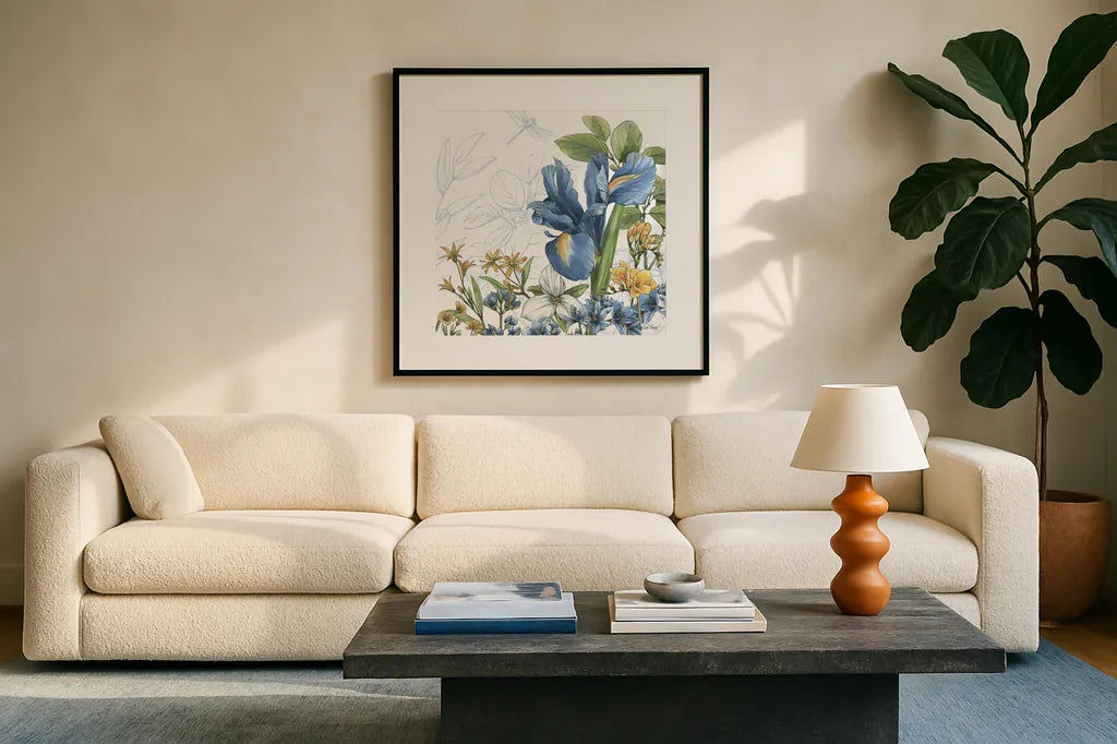 Blue Botanica V by Leslie Trimbach. Displayed in a glass frame with matte in a clean modern living room. Available as an archival giclee rolled canvas, fine art paper, or poster print. SKU 100418a.