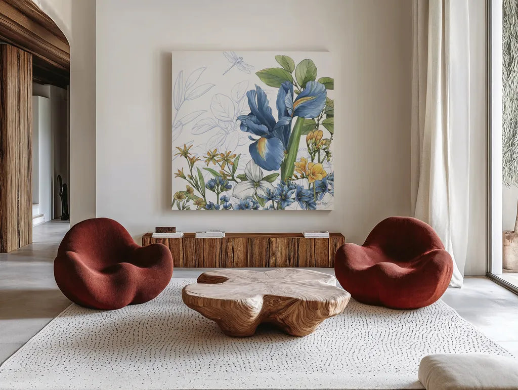 Blue Botanica V by Leslie Trimbach. Shown as extra-large giant wall art in a modern living room. Available as an archival giclee rolled canvas, fine art paper, or poster print. SKU 100418a.